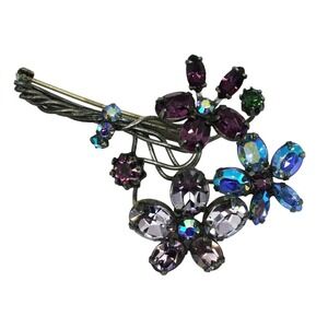 Vintage Schreiner Brooch REPAIRED Rhinestone Flower Pin‎ Floral Jewelry
